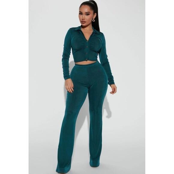 Same Vibe Slinky Pants 2 Piece Set from Fashion Nova Size XS Hunter Green - Picture 1 of 3
